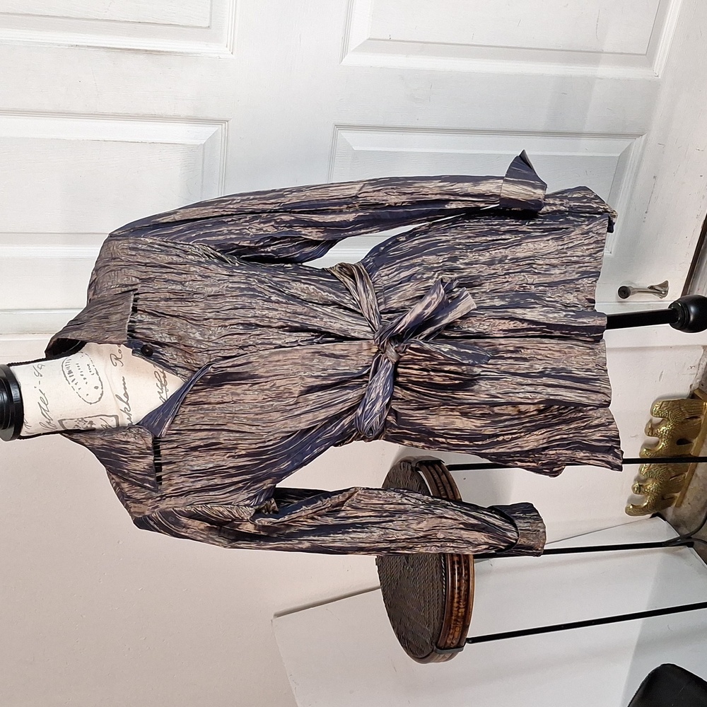 Staples Crinkled Poly Iridescent Belted Button Blouse tunic long sleeve